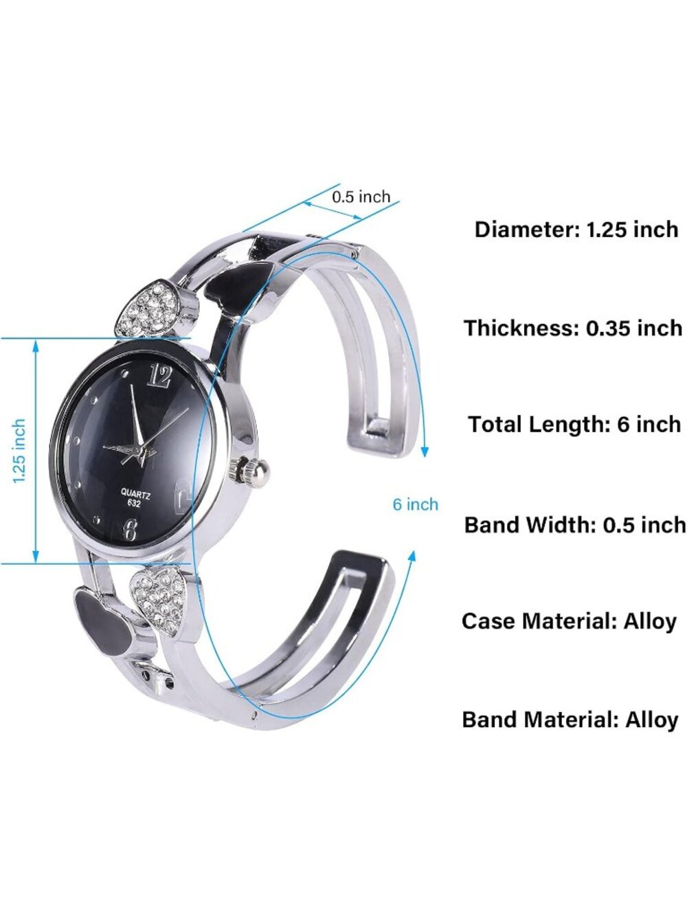 Women's Black Quartz with Rhinestone Round Dial Stainless Steel Band Cuff Watch - Picture 2 of 5